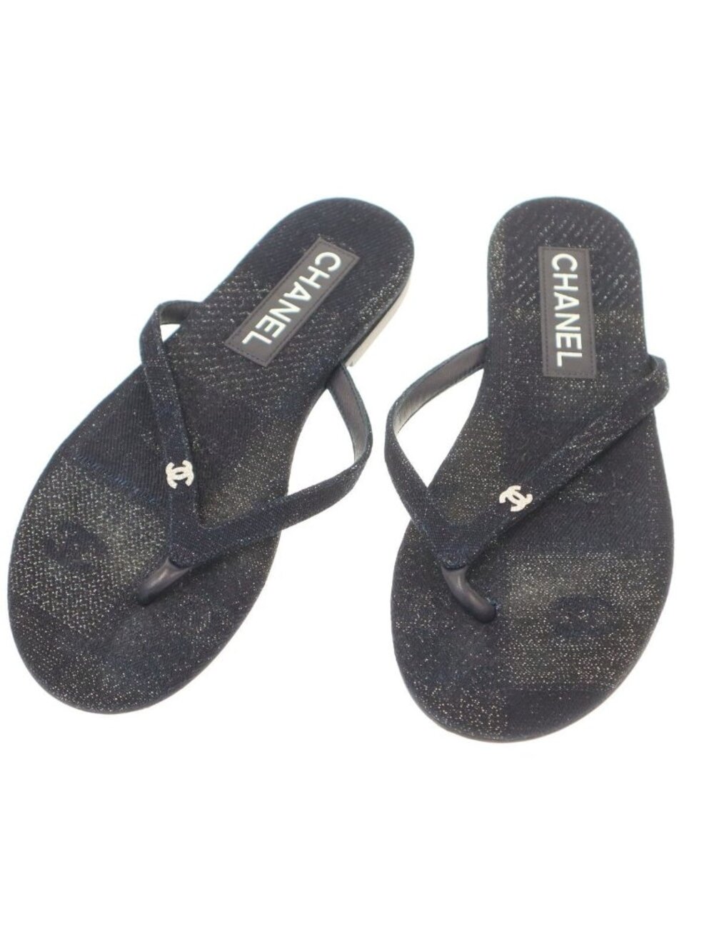 Chanel CC Logo Tweed Beach Sandals Navy